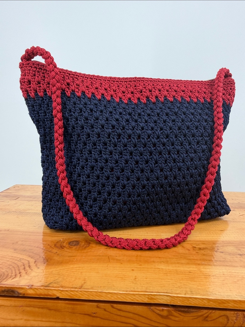 The Sak Crochet Shoulder Bag Red & Navy Knit Boho Purse Zip Top Handbag